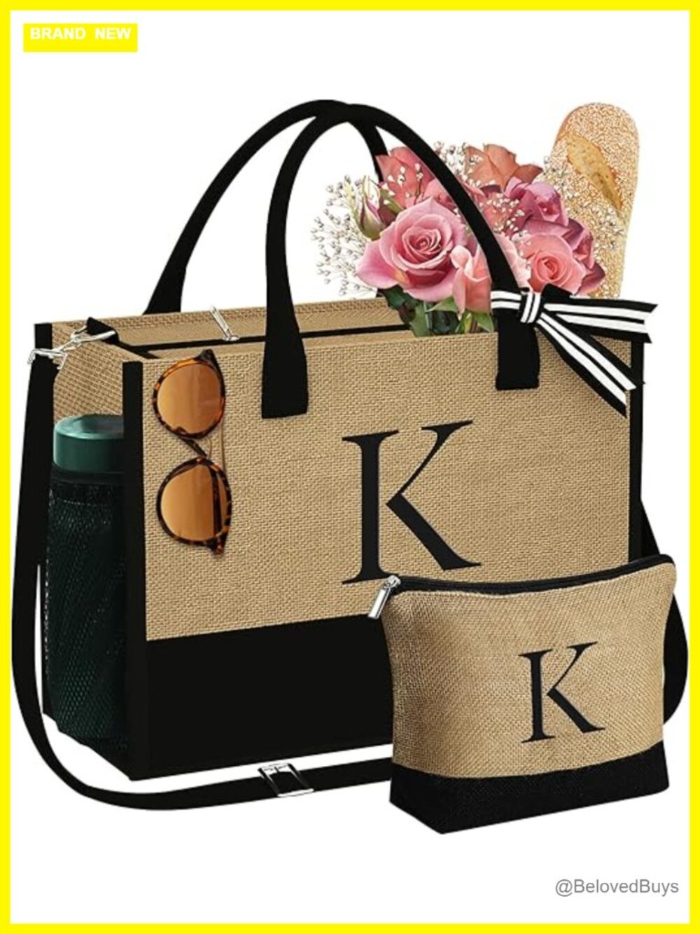 Personalized Jute Tote Bag & Makeup Bag Set, Large Initial Embroidery